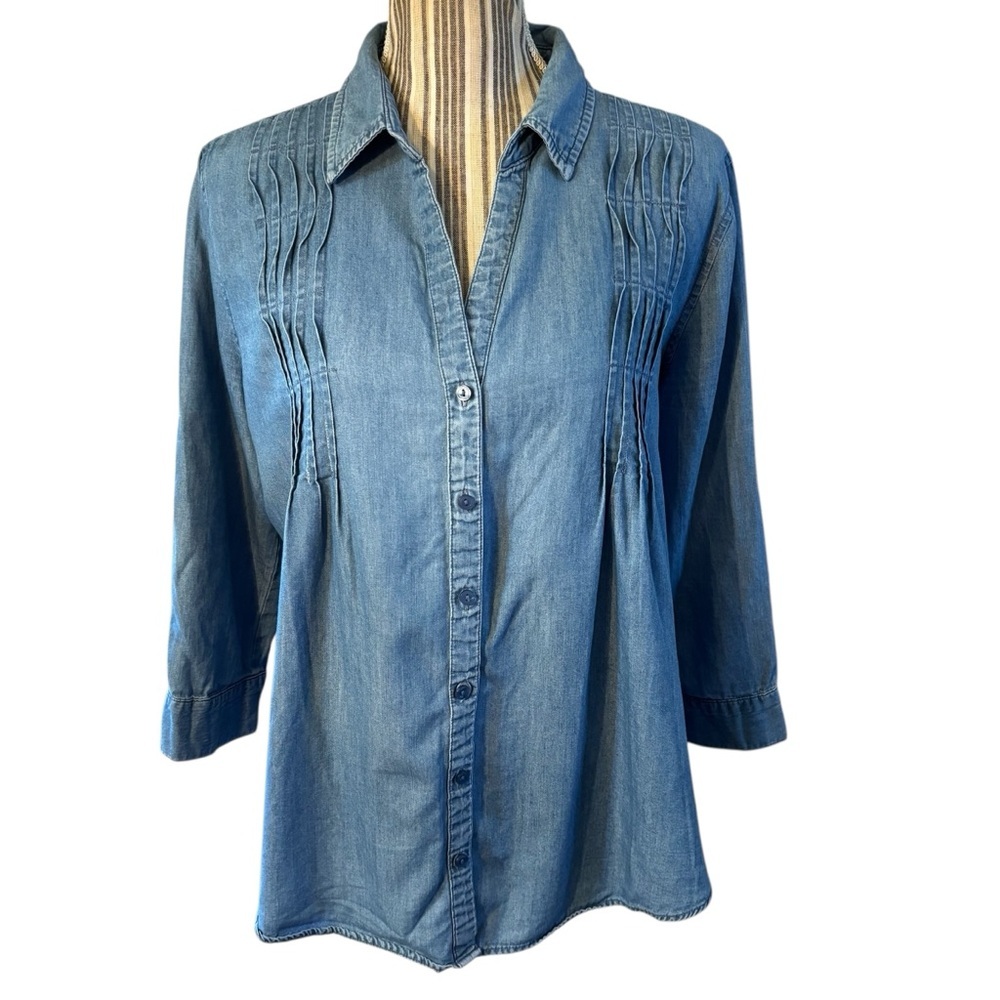 Gloria Vanderbilt Shirt Medium Giselle Blue Chambray Denim Button-Down Cotton